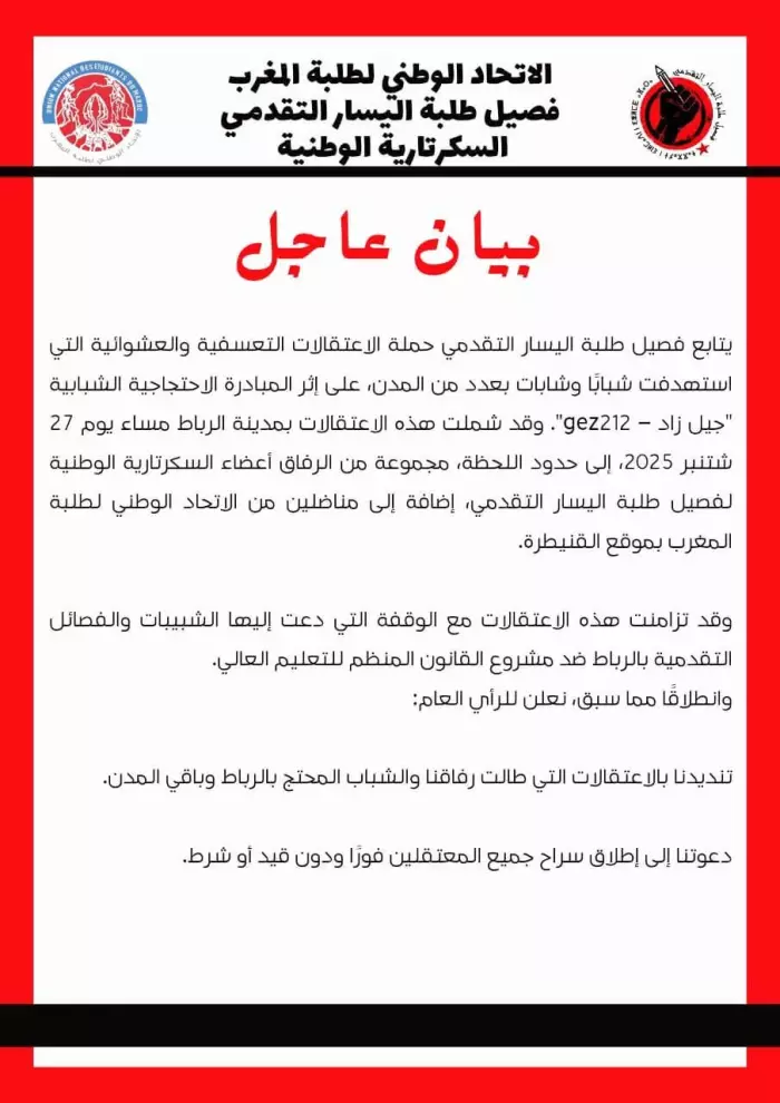 اليسار التقدمي يندد بالاعتقالات العشوائية في صفوف الشباب المحتج